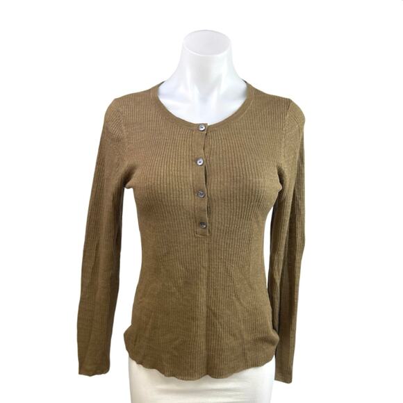 Nili Lotan 100% Linen Tan Ribbed Knit Long Sleeve Henley Sweater Top Size S - Picture 1 of 4
